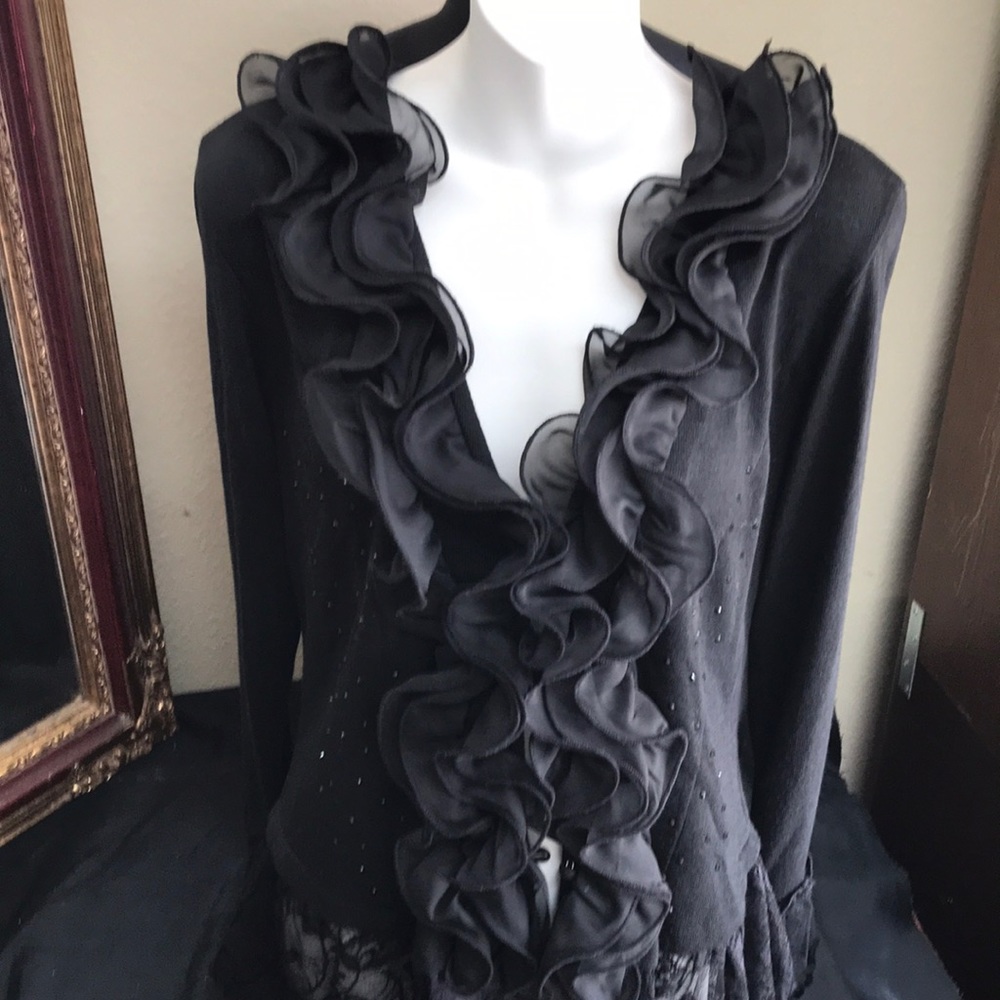 Ruffled and Lace Bedazzled Sweater Cardigan